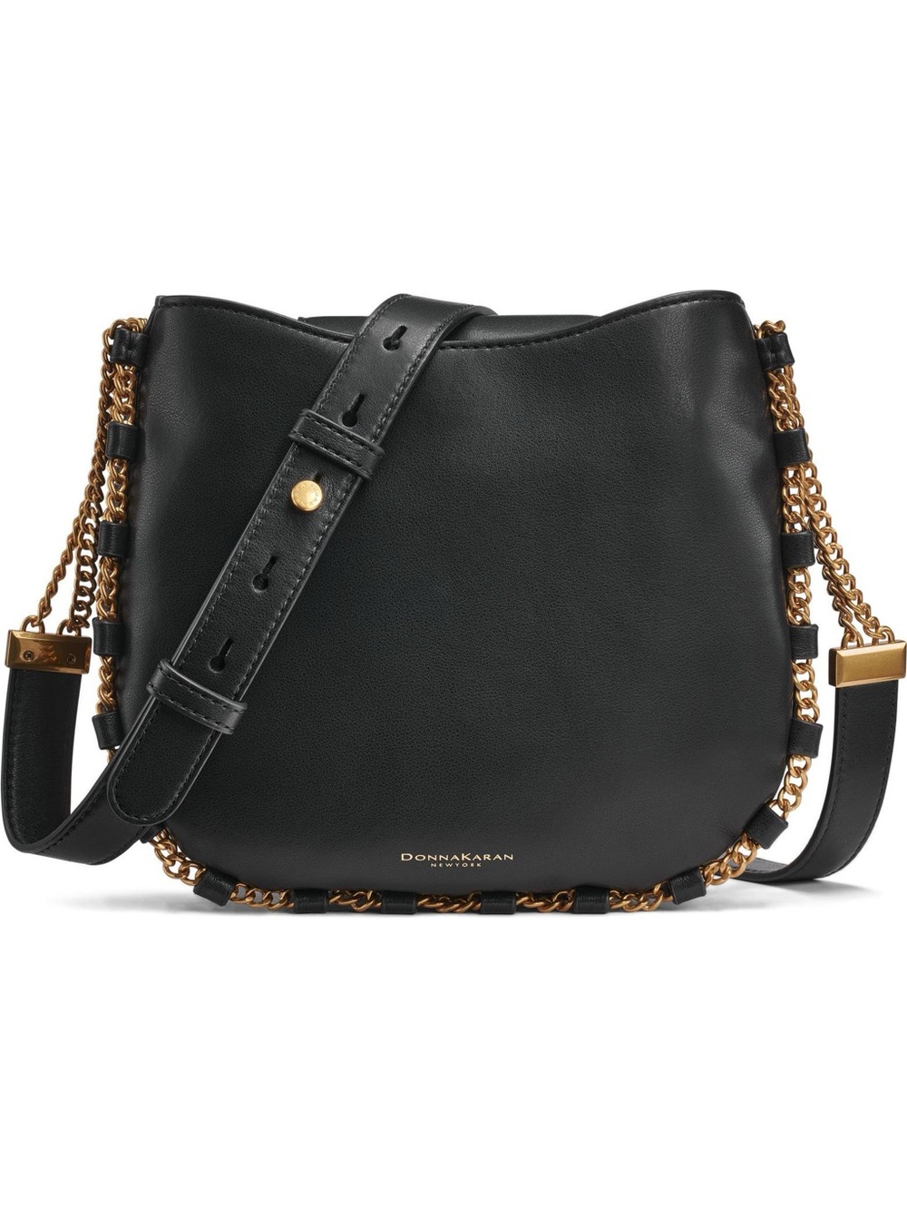 Donna Karan BATISTE Black Leather Crossbody with Gold Chain Trim